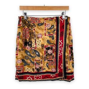 90s Vintage Requirements Skirt PM Tan Red Wrap Front Mini Paisley Western Boho